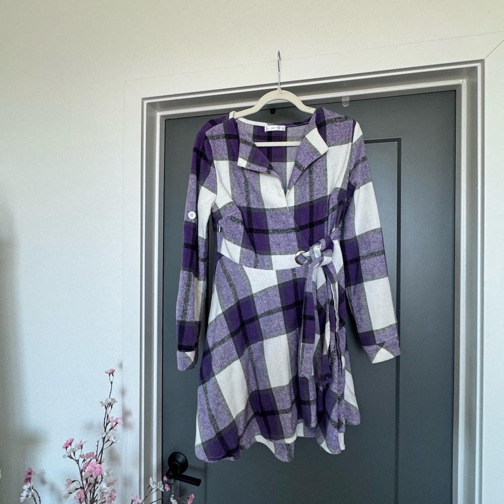 Plaid Long Sleeve Dress - Purple and White